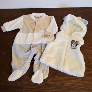 Bundle 2 Disney Baby‎ Boy Mickey Mouse Hooded Vest & Just Too Cute Snap Bodysuit